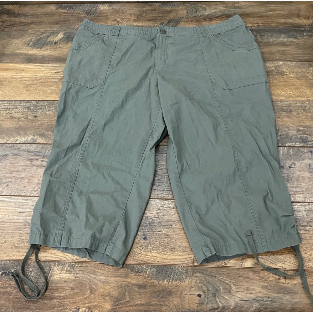 Avenue Womens Plus Size 22 Olive Green Cargo Capri Pants Drawstring Hem Cotton